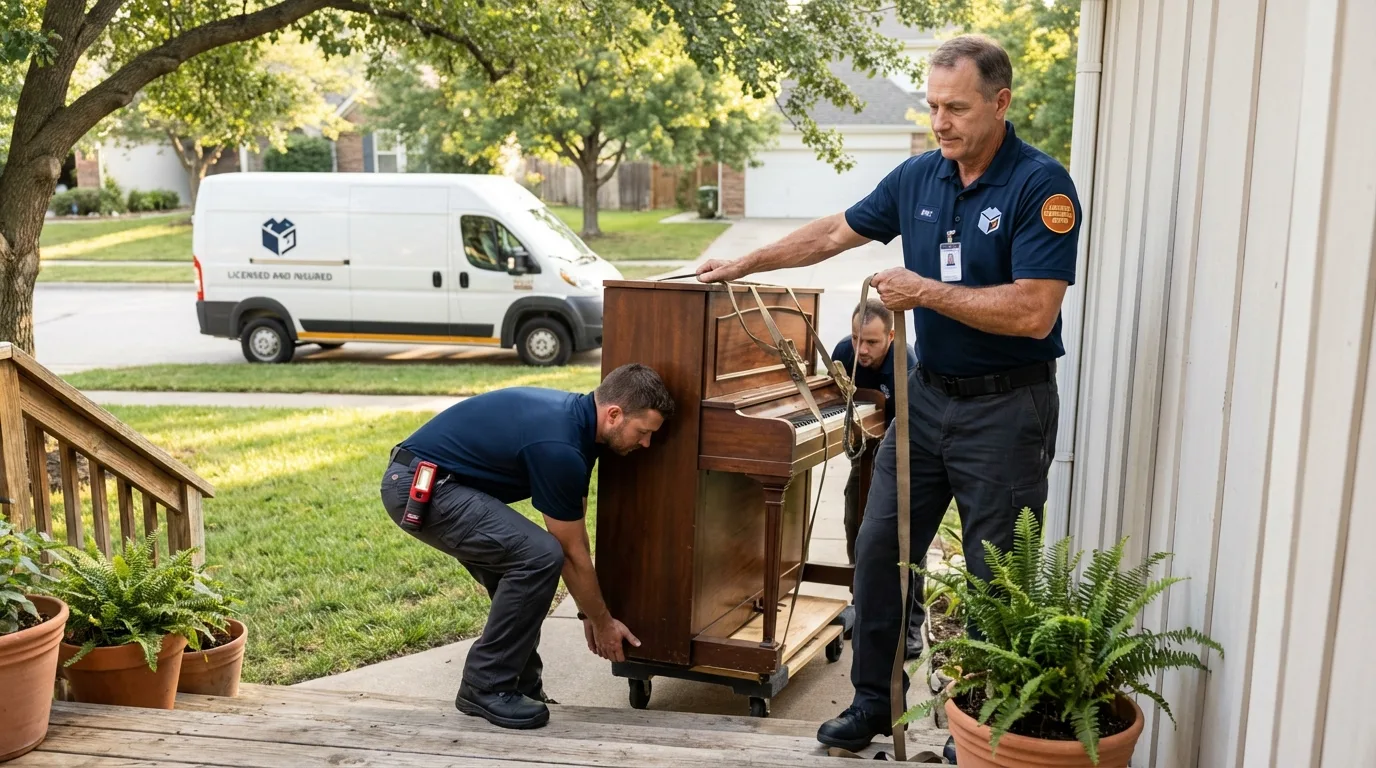 Licensed piano movers securing grand piano in Crowell, TX