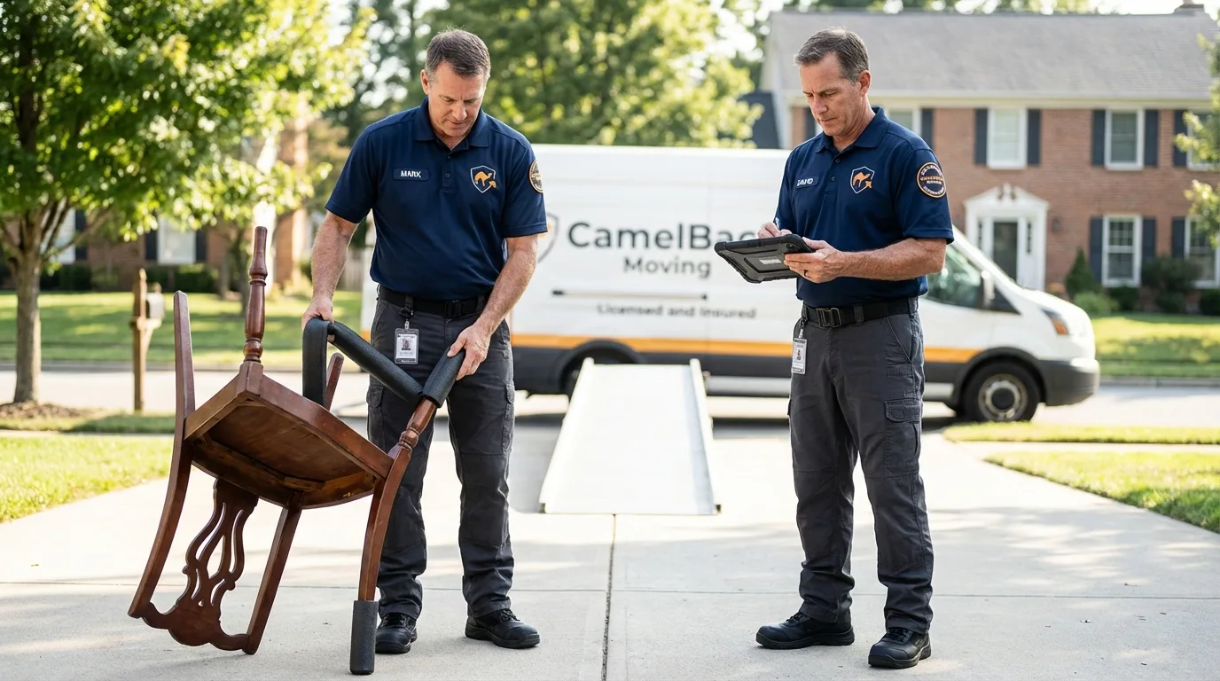 Movers inspecting furniture for damage prevention before loading in Crowell, TX