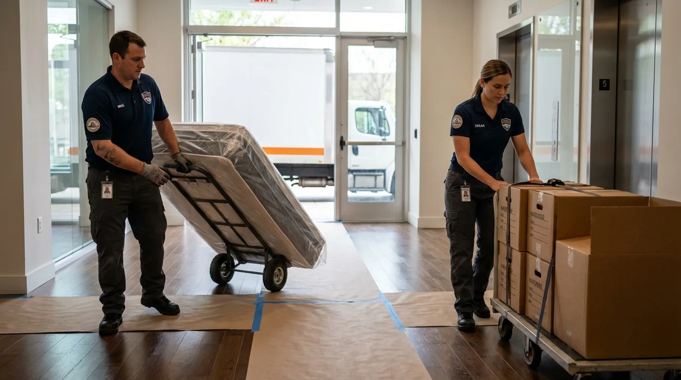 Professional apartment movers loading elevator in Crowell, TX